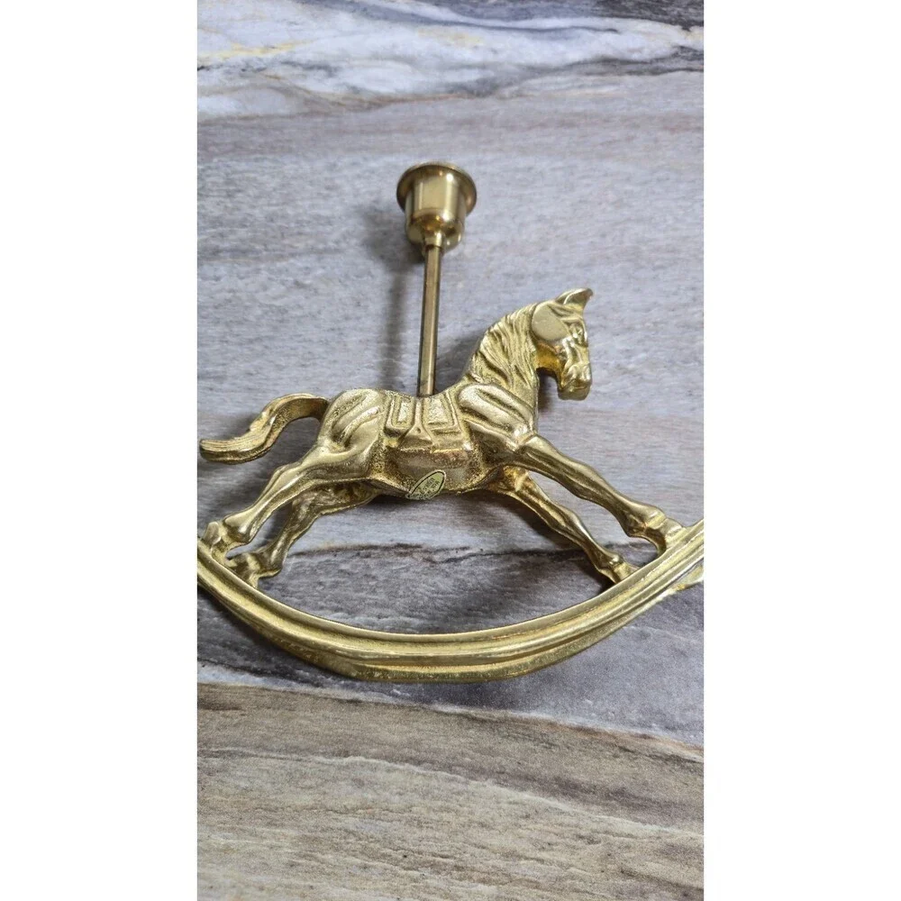 Vintage Solid Brass Rocking Horse Candlestick Holder Nursery Decor Taper Candle